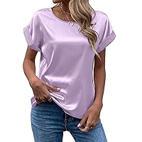 Women's Summer Tops Elegant Solid Round Neck Rolled Short Sleeve Satin Silk Blouse Tops Blouses Fashion 2023
