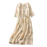 Women Cotton Floral Print Dress Holiday Beach Dresses Drawstring Bohemian Midi Robe