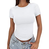 Trendy Queen Womens Short Sleeve T Shirts Crewneck Summer Basic Tee Slim Fit Tight Y2k Crop Tops