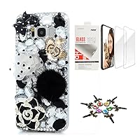 STENES Sparkle Case Compatible with Samsung Galaxy S23 Case - Stylish - 3D Handmade Bling Polka Dot Rose Crown Flowers Floral Design Cover Case with Screen Protector [2 Pack] - Black