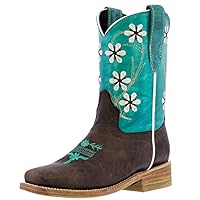 Kids Teal Brown Western Cowboy Boots Floral Leather Square Toe