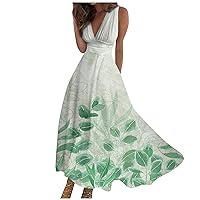 Dresses for Women 2024 Summer Casual Sleeveless V Neck Summer Dress Flowy Maxi Pleated Cocktail Dresses