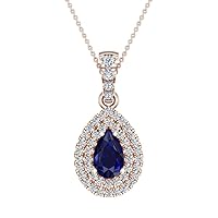 Pear Cut Sapphire Double Halo Diamond Necklace 14K Gold