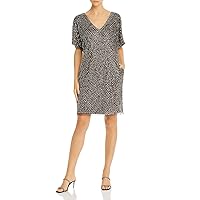 Aidan Mattox Womens Silver Beaded Sequined Embellished Metallic Short Sleeve V Neck Above The Knee Party Shift Dress 2