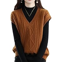 100% Wool Vest Casual Loose Solid Color Professional Knit Ladies Sleeveless V-Neck Sweater Short Cashmere Pullover Vest Selling Caramel M