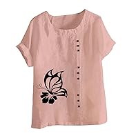 Linen Going Out Tops for Women Dandelion Printed Short Sleeved T-Shirt Tunics Round Neck Button Blouse Tees Work Clothes