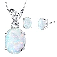 PEORA 14K White Gold Created White Opal Pendant and matching Earrings - Oval Shaped Created White Opal Diamond Pendant 1 Carat + Oval Shaped Created White Opal Stud Earrings 1 Carat