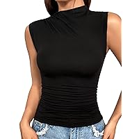 MakeMeChic Women's Casual Mock Neck Sleeveless Camisole Vest Shirt Ruched Summer Tank Tops
