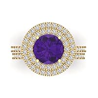 2.68ct Round Cut Natural Amethyst 18K Yellow Gold Halo Solitaire W/Accents Engagement Bridal Wedding ring band Set