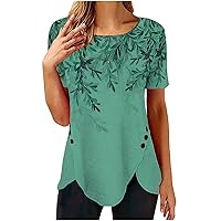 Ceboyel Women High Low Hem Spring Tops Leaf Print Blouses Shirts Short Sleeve Dressy Casual Tunic Trendy Ladies Clothes 2023