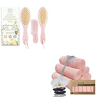 Baby Hair Brush and Comb Set for Newborn and Baby Washcloths Bundle - Natural Wooden Hairbrush with Soft Goat Bristles for Cradle Cap (Oval, Blush) - Baby Towels and Washcloths (Blush Pink)