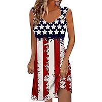 Women's 4th of July Dress 4th of July Dress for Women America Flag Print Sexy Vintage Fashion with Sleeveless Round Neck Splice Dresses Red Large