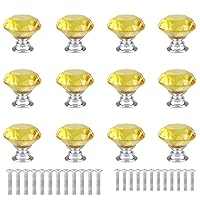 12 Pcs 30mm Diamond Shape Crystal Glass Cabinet Knobs with Screws Drawer Knob Pull Handle Used for Kitchen, Dresser, Door, Cupboard (Yellow)