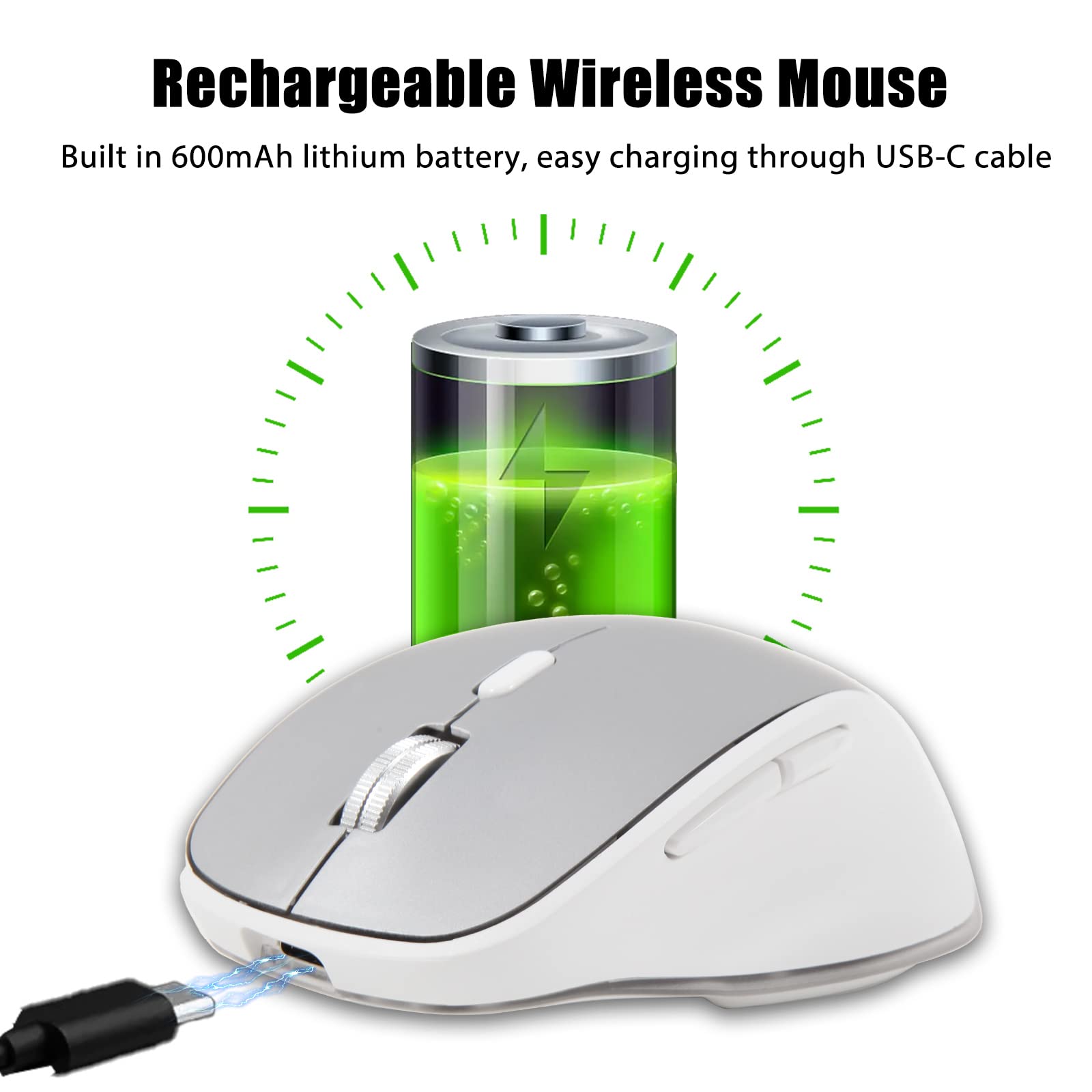 SHUNJINRUN Bluetooth Mouse, Rechargeable Wireless Computer Mouse 3 Modes(BT5.0/BT3.0/USB) Silent Cordless Mice for Laptop/Surface Pro/Windows/PC/Chromebook/Mac/MacBook Pro/Ipad/Tablet - Silver White