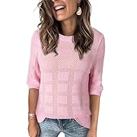 Dokotoo Women's Casual 3/4 Sleeve Loose Tunic Tops Lightweight Crochet Knit Summer Sweaters Blouses