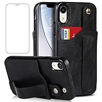 Design for iPhone XR/10R Phone Case with Screen Protector Adjustable Wrist Strap Kickstand Credit Card Slot Slim Shockproof Hybrid Rugged Protective Cover for iPhoneXR Women Men 6.1 inch Black