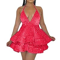 Backless Homecoming Dress for Teens Sparkly Sweet 16 Party Gown Sequin Halter Short Prom Dress A-line Rose Pink