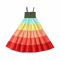 Sleeveless Color Blocking Rainbow Cake Dress Girls' Clothes 2 to 8 Years Elegant Kids