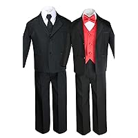 Unotux 7pc Boys Black Suit with Satin Red Vest Set (S-20)