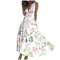 Maxi Dress Ladies 2024 Sleeveless Summer V Neck Womens Trendy Flower Printed Casual Boho Casual Waist Long Dress
