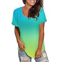 XJYIOEWT Womens Tops Spring Dressy Women Casual Fashion Multicolor Gradient Short Sleeve Binding Loose Round Neck Tshir
