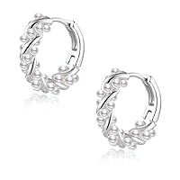 Pearl Earrings for Women, Hypoallergenic 925 Sterling Silver White Pearl Hoop Earrings Set for Girls Jewelry Gift
