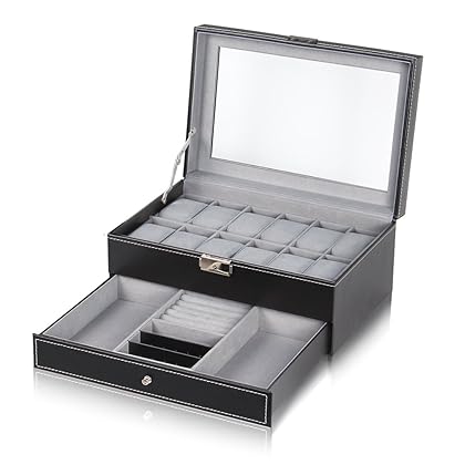 NEX Watch Box Mens Watch Case Organizer 12 Slot Double-Layer PU Leather Jewelry Display Drawer Glass Top with Lock, Black