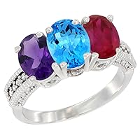 Silver City Jewelry 10K White Gold Natural Amethyst, Swiss Blue Topaz & Enhanced Ruby Ring 3-Stone Oval 7x5 mm Diamond Accent, Sizes 5-10