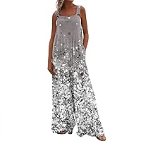 Women's Beach Vacation Outfits Sleeveless Loose Casual Jumpsuits Adjustable Straps Printed Pants Overalls, S-2XL