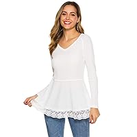 Women's Tops Lace Trim V-Neck A-Line Knit Long Sleeve Loose Tunic Blouse Shirts