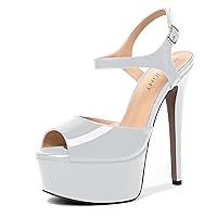 Womens Ankle Strap Round Toe Solid Fashion Buckle Patent Evening Stiletto High Heel Sandals 6 Inch