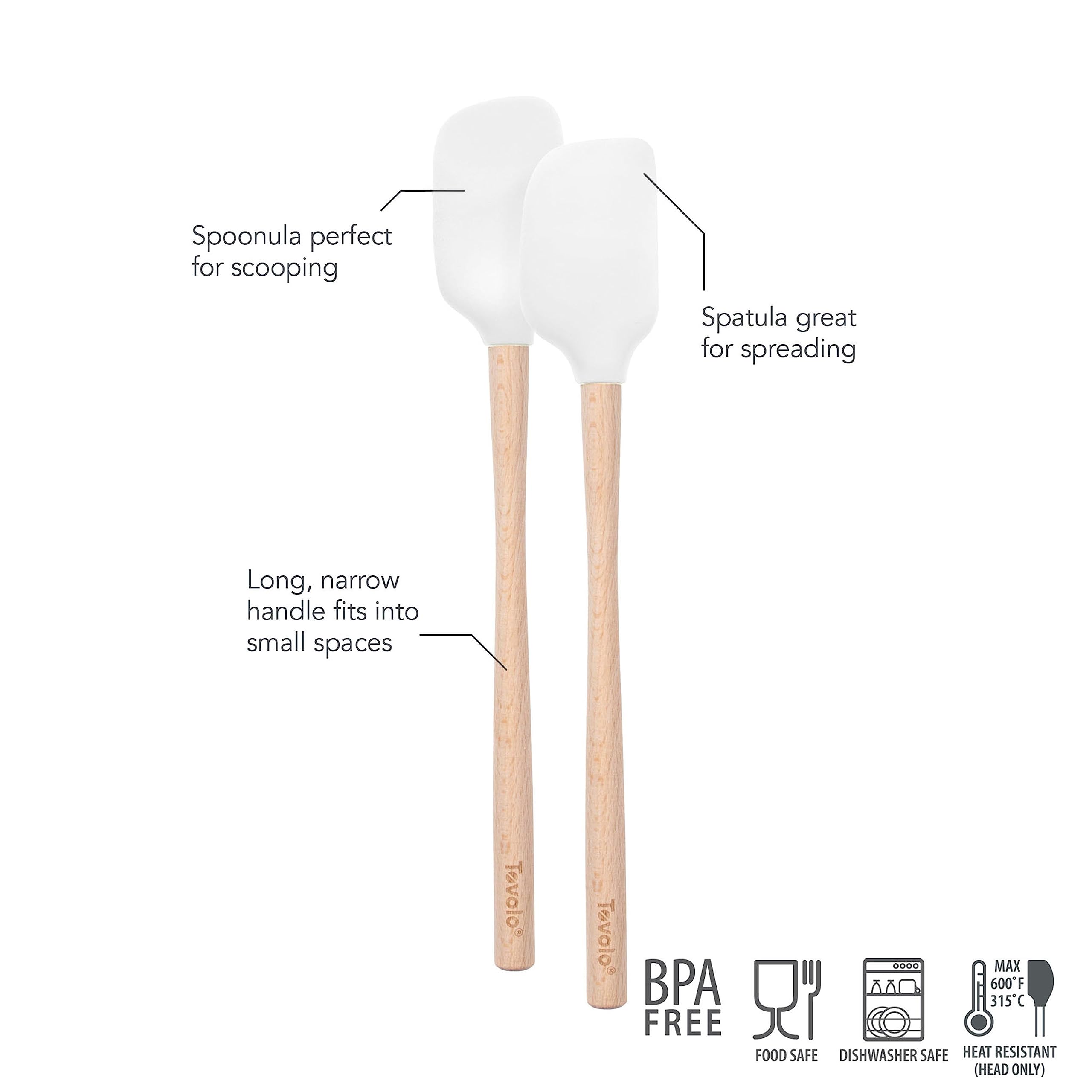 Tovolo White Flex-Core Wood-Handled Mini Spatula & Spoonula, Kitchen Utensil Set of 2 | Heat-Resistant & BPA-Free | Safe for Cast Iron & Non-Stick Cookware