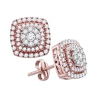 The Diamond Deal 14kt Rose Gold Womens Round Diamond Cushion Cluster Stud Earrings 1 Cttw