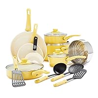 GreenLife Soft Grip Healthy Ceramic Nonstick 16 Piece Kitchen Cookware Pots and Frying Sauce Saute Pans Set, PFAS-Free with Kitchen Utensils and Lid, Dishwasher Safe, Yellow