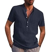 Mens Linen Shirt,Short Sleeve 2024 Trendy Plus Size T-Shirt Solid Fashion Casual Button Top Blouse Outdoor Shirt Lightweight Tees Navy M