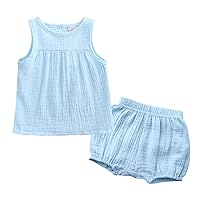 Kids Pant and Shirt Baby Newborn Infant Girls Cotton Linen Summer Solid Sleeveless Toddler Girl (Light Blue, 3-6 Months)
