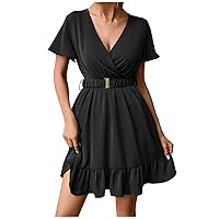 Womens Belted Elastic Waist Wrap V Neck Mini Dresses Summer Bell Short Sleeve Ruffle Hem Trendy Plain A-Line Dress