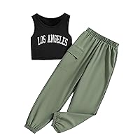 Floerns Girls 2 Piece Outfit Letter Print Rib Knit Crop Tank Top and Cargo Pants