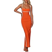 PRETTYGARDEN Women's Summer Long Bodycon Dress Spaghetti Strap Sleeveless Back Slit Maxi Dresses