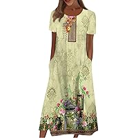 Summer Dresses for Women 2024 Casual Printed Midi Dresses Round Neck Beach Short Sleeve Loose Dresses