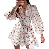 Women Summer Long Sleeve Dress for Floral Print Ruffles V Neck High Waist A-Line Mini