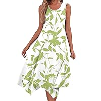 Sun Dresses Long Casual Dresses for Women Summer Floral Print Bohemian Flowy Swing with Sleeveless Round Neck Tunic Dress Green Large