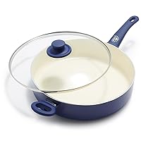 Soft Grip Healthy Ceramic Nonstick, 5QT Saute Pan Jumbo Cooker with Helper Handle and Lid, PFAS-Free, Dishwasher Safe, Blue