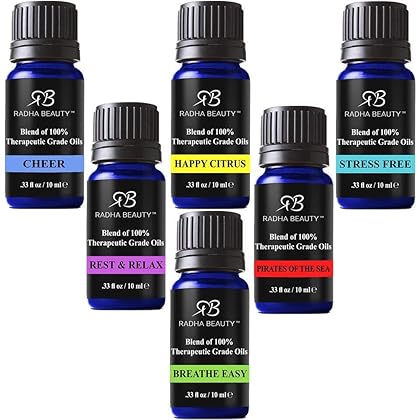 Radha Essential Oil Blends Set - 100% Pure and Natural Kit for Aromatherapy Sea of Thieves, Stress Free, Rest & Relax, Breathe Easy, Cheer, Happy Citrus, great Gift - 6/10 ml