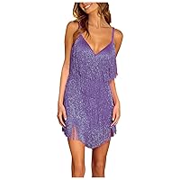 Cocktail Dresses, Women's Formal Dress Bodycon Dresses for New Years Eve Women, Women's Party Sexy Dress Fashion Solid Color Sequin Fringe Dress Outfit Year Dress Red Romper Skater (L, 3-Purple)