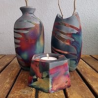 Vase & Tealight Birthday Gift Set Raku Ceramic Pottery - Handmade Kitchen/Living Table Centerpiece Home Décor in Carbon Half Copper Matte