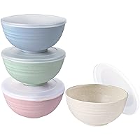 shopwithgreen Wheat Straw Cereal Bowls with Dust-Proof Lid, Resuable Bowls for Kitchen, Set of 4, Microwave and Dishwasher Safe, for Soup, Oatmeal, Ramen, RV, Camping, Kids, College Dorm Room, 24 OZ