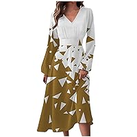 Women's Sweater Dress Autumn and Winter Casual Fashion V-Neck Long Sleeve Geometry Print Dress Sweaters, S-2XL