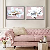 Large Modern Framed Wall Art Decor Flower Canvas Print Painting Picture with Hand Painted Texture for Living Room Bedroom Bathroom Girl Room White and Pink 16x24 x 2 Piece/Set