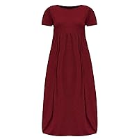 Women's Bohemian Solid Color Flowy Swing Round Neck Trendy Dress Short Sleeve Long Floor Maxi Casual Summer Beach Red